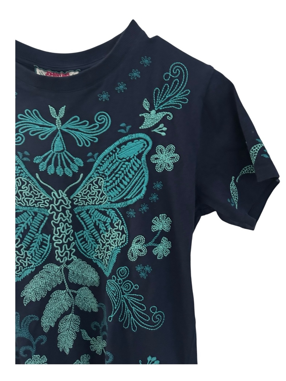 π¦ Johnny Was Navy Embroidered Butterfly Floral Boho Crew Neck TβShirt XS - Picture 7 of 10